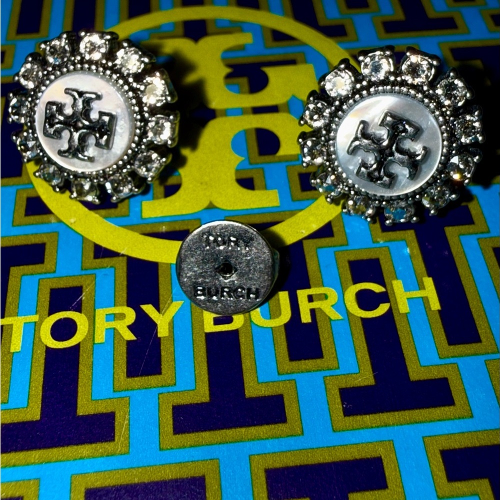 Tory Burch Mother of Pearl/Pave Silver Stud Earrings